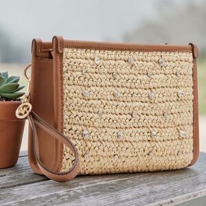 Anne Klein straw crystal rhinestone beaded wristlet purse tan brown $75 new